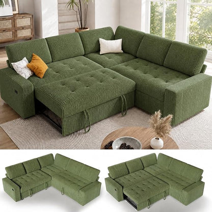 Sunny Heart Modular Sectional Sleeper Sofa with Pull Out Bed, Corduroy L Shaped Sectional Sofa with USB Ports/Adjustable Backrest/Storage Seats, Tool-Free Assembly, Couches for Living Room Green