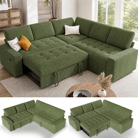Sunny Heart Modular Sectional Sleeper Sofa with Pull Out Bed, Corduroy L Shaped Sectional Sofa with USB Ports/Adjustable Backrest/Storage Seats, Tool-Free Assembly, Couches for Living Room Green