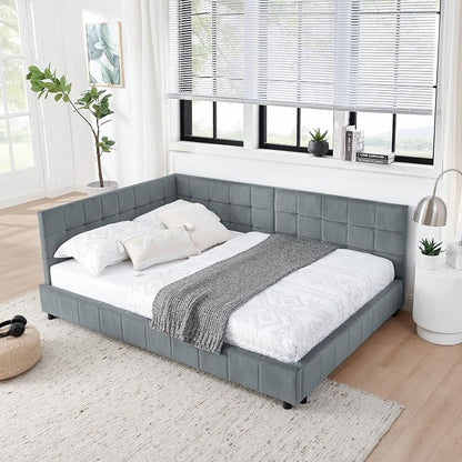 Bellemave Full Size Corner Bed Frame with Comfortable Backrest and Armrests, Velvet Tufted Corner Bed Frame Full Size, Upholstered Daybed for Bedroom, Living Room, Guest Room, Gary