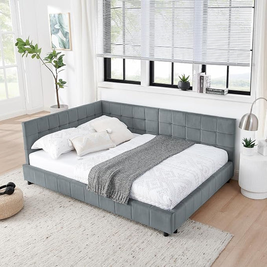 Bellemave Full Size Corner Bed Frame with Comfortable Backrest and Armrests, Velvet Tufted Corner Bed Frame Full Size, Upholstered Daybed for Bedroom, Living Room, Guest Room, Gary