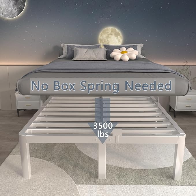 ITIMIDI 14 Inch White Queen Bed Frame with Round Corner Legs, Metal White Queen Platform Bed Frames, Storage Space, No Box Spring Needed, Heavy Duty Steel Support 3500 LBS, Noiseless, Easy Assembly