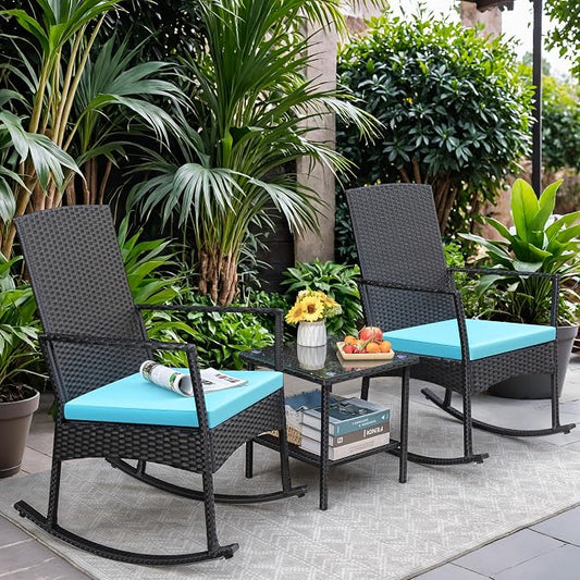Greesum 3 Pieces Patio Furniture Set Outdoor Wicker Rocking Chairs with Glass Coffee Table for Garden Backyard Porch Poolside, Blue