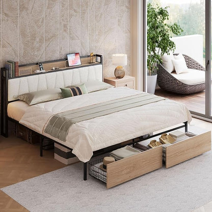 LIKIMIO California King Size Bed Frame with 2 Drawers and Charging Station | Platform Bed with Upholstered Storage Headboard, No Box Spring Needed, Easy Assembly, Sturdy, Wood and Cream