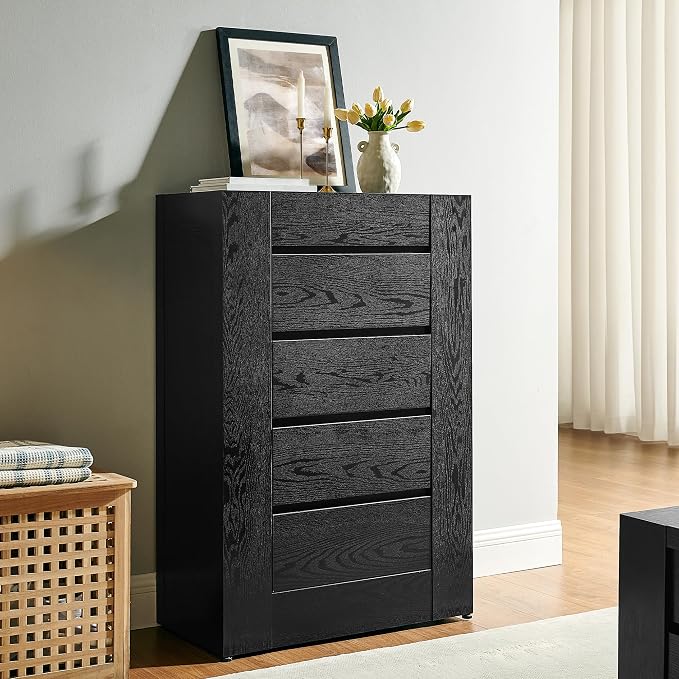 OKD 5 Drawer Dresser for Bedroom, 48" Tall Dresser Chest of Drawers with Thick Wood Design, Handleless, Modern Bedroom Dresser, Storage Organizer for Living Room/Entryway, Black Oak