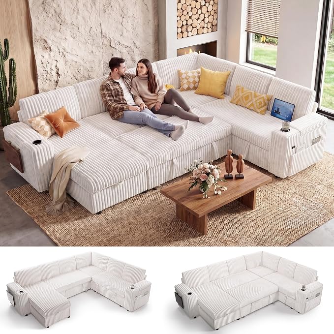 WEUP 111" Modular Sectional Sleeper Sofa with Pull Out Bed, 7 Seat Plush Corduroy L Shaped Couch with Storage Chaise|USB Ports|Cup Holders|Side Table|Storage Armrests, Tool Free Assembly, Beige