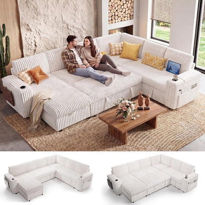 WEUP 111" Modular Sectional Sleeper Sofa with Pull Out Bed, 7 Seat Plush Corduroy L Shaped Couch with Storage Chaise|USB Ports|Cup Holders|Side Table|Storage Armrests, Tool Free Assembly, Beige