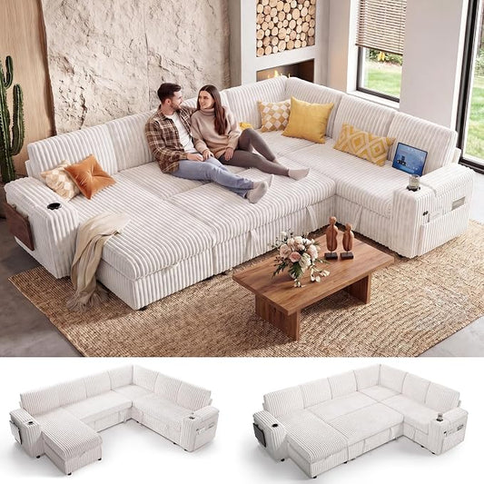 WEUP 111" Modular Sectional Sleeper Sofa with Pull Out Bed, 7 Seat Plush Corduroy L Shaped Couch with Storage Chaise|USB Ports|Cup Holders|Side Table|Storage Armrests, Tool Free Assembly, Beige