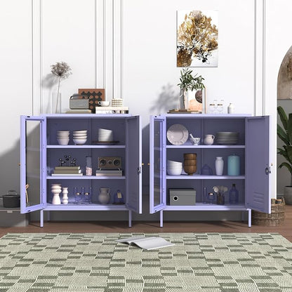 Metal Cabinet Metal Bathroom Storage Cabinet Metal Storage Cabinets with Glass Door and Adjustable Shelves Cabinet Storage for Coffee Bar for Homes, Living Rooms and Offices Purple 33''H