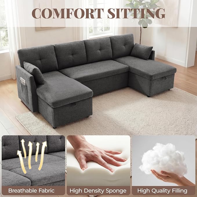Huatean Home 100" Oversized Sleeper Sofa Couch, 2 in 1 Pullout Couch Bed with Side Pockets for Living Room, Sectional Sleeper Sofa Bed with Double Storage Chaise, Darkgrey