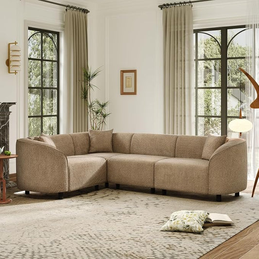 Merax 104" L-Shaped Curved Sofa, Comfy Upholstered Sectional Couch with Extra Deep Seats, Boucle Sofa for Living Room Apartment Office, Camel