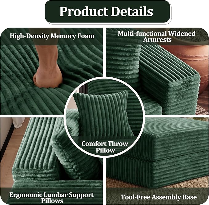 75'' L-Shaped Cloud Modular Sectional Couch with Chaise, Modern Corduroy Memory Foam Sofa Bed, Upholstered Boneless Deep Seat Fluffy Sleeper Sofa, for Living Room, No Assembly Needed (Green)