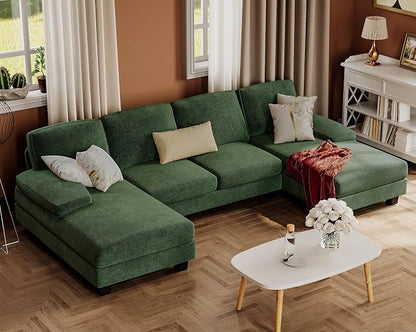 Furmax Sectional Couches for Living Room, U-Shaped Sofa Couch with Linen Fabric, 4 Seat Sofa Set with Double Chaise for Apartment (Chenille, Green)