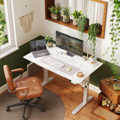 INNOVAR INNVAR Glass Standing Desk with Drawers, 48×24 Inch Adjustable Stand Up Desk Quick Install Home Office Computer Desk, Super White