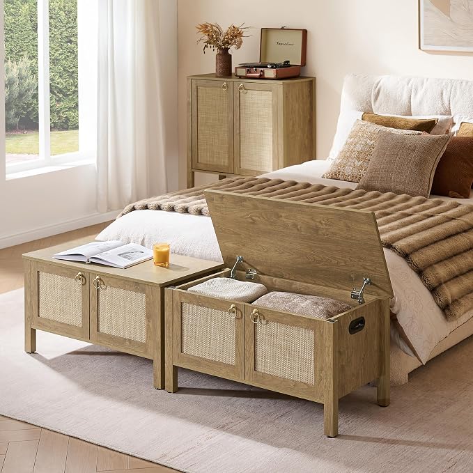 SICOTAS Rattan Storage Bench Boho Storage Chest with 2 Safety Hinges | Wood Storage Truck Box for Bedroom, Living Room, Entryway, Supports 220 lb