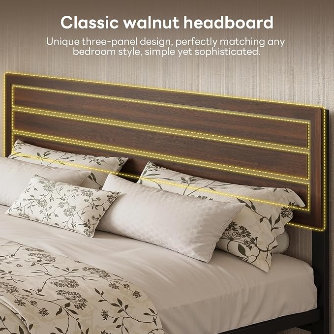 LIKIMIO King Bed Frame and Headboard, Mid-Century Modern King Platform Bed, Heavy Duty Silent Metal Slats, No Box Spring Needed, Noise-Free, Dark Walnut