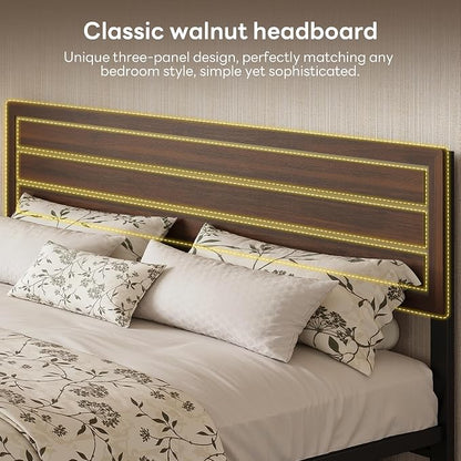 LIKIMIO King Bed Frame and Headboard, Mid-Century Modern King Platform Bed, Heavy Duty Silent Metal Slats, No Box Spring Needed, Noise-Free, Dark Walnut