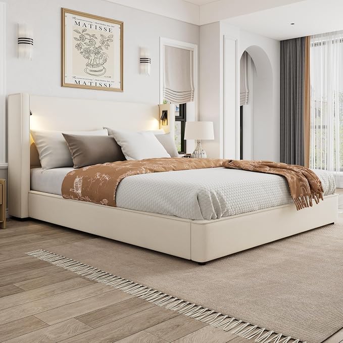 Christopher Knight Home Hazel 45.70"H California King Bed Frames, Linen Upholstered Cal King Bed Frame, Slats Panel Support, No Spring Box Needed, Wingback Headboard with Reading Lamps and USB, Beige