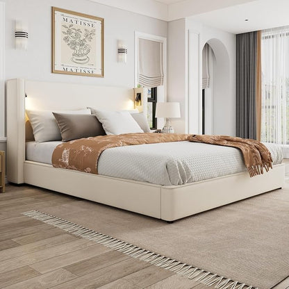 Christopher Knight Home Hazel 49.20" H King Headboard Bed, Upholstered King Size Bed, Slats Panel Support Platform, No Spring Box Needed, Wingback Headboard with Reading Lamps and USB, Beige
