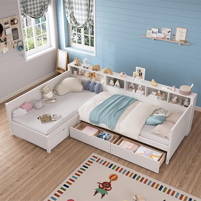 Bellemave L Shaped Corner Bed for 2 Kids, Double Twin Platform BedFrame with 3 Storage Drawers and Shelves, White