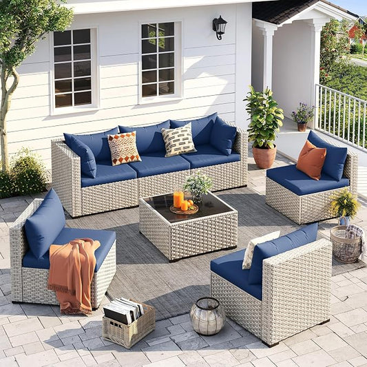 UDPATIO Outdoor Patio Furniture Set, 7 Pcs PE Wicker Sectional Sofa with Tea Table, Outdoor Conversation Set for Patio, Garden, Backyard (Blue Cushions with Light Grey Rattan)
