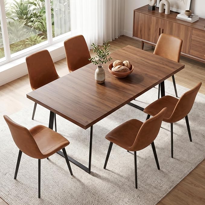 ZckyCine 7‑Piece Dining Set for 6,70.87‑Inch Table with 6 PU‑Leather Chairs, Thick Tabletop & Metal Frame for Apartment