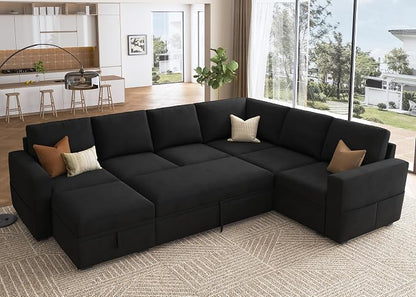 HONBAY Sectional Sleeper Couch with Pull Out Bed, U Shaped Sectional Sofa with Storage, Modular Velvet Sectional Couches for Living Room, Black