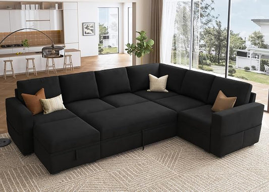 HONBAY Sectional Sleeper Couch with Pull Out Bed, U Shaped Sectional Sofa with Storage, Modular Velvet Sectional Couches for Living Room, Black