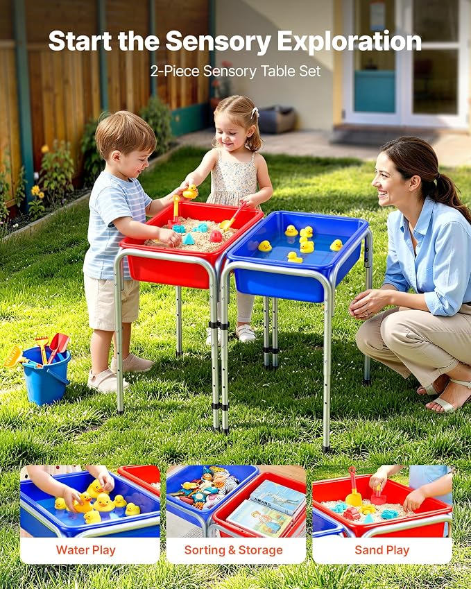 VEVOR Sensory Table for Toddlers, Kids 2-Station Sand and Water Adjustable Play Table with Detachable Storage Bins and Non-Slip Feet, Carbon Steel Frame, Rounded Corners, for Boys and Girls Exploring