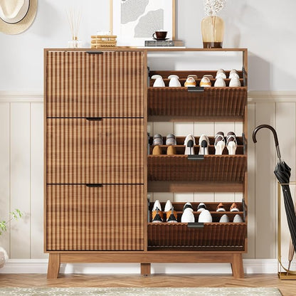 Shoe Cabinet Storage for Entryway with 6 Flip Drawers, Fluted Narrow Shoe Organizer with Wooden Legs, Freestanding Slim Shoe Storage Hidden Shoe Rack Organizer for Front Door Entrance, Walnut