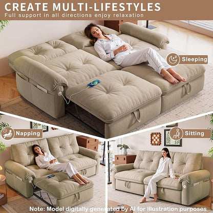 77.2'' Pull Out Couch Full Size, Pre-assembled Sleeper Sofa Bed, Flannel Convertible Futon Sofa Bed with Adjustable Backrest, USB, Side Pocket, Loveseat for Living Room, Apartment, Light Brown