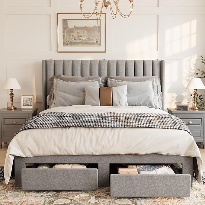 GAOMON Full Size Upholstered Platform Bed Frame with 2 Under-Bed Storage Drawers, Velvet Wingback Headboard, No Box Spring Needed, Sturdy & Noise-Free, Grey
