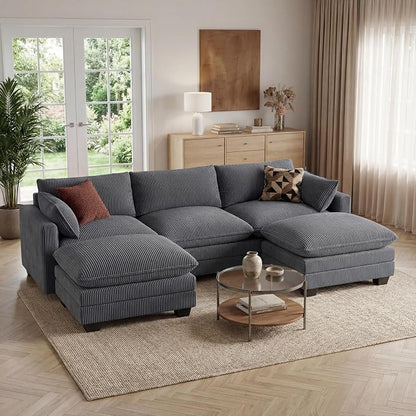 Gizoon 110'' U Shaped Corduroy Comfy Sectional Couches for Living Room 3 Seater Cloudy Sofa with 2 Movable Ottomans Pet Friendly Cloud Couch for for Living Room Bedroom and Apartment, Gray