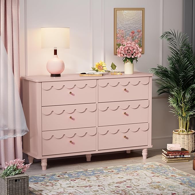 Anbuy Bedroom Sets Scalloped 6 Drawer Dresser and Night Stand Sets for Bedroom, Two Drawers Nightstand Set of 2 & 6 Drawer Dresser Combo 3 Pieces (Pink)