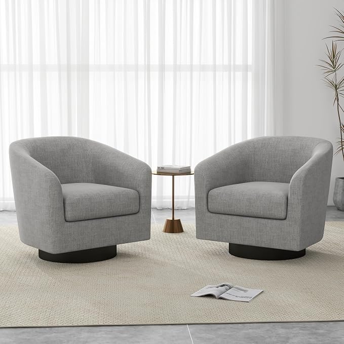 Swivel Accent Chairs Set of 2, Fabric Barrel Club Chair Upholstered Armchair Modern Round Arm Chair for Living Room, Comfy Single Sofa Seating Bedroom Side Reading Seat - Light Gray