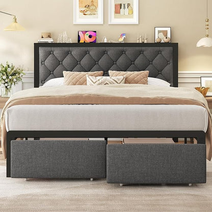 Fluest Queen Bed Frame with 2 Storage Drawers, Upholstered Headboard Button Tufted Bed Frame with Charging Station, No Box Spring Needed, Noise-Free, All Metal Structure, Grey