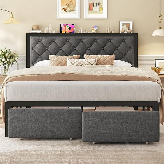 Fluest Queen Bed Frame with 2 Storage Drawers, Upholstered Headboard Button Tufted Bed Frame with Charging Station, No Box Spring Needed, Noise-Free, All Metal Structure, Grey