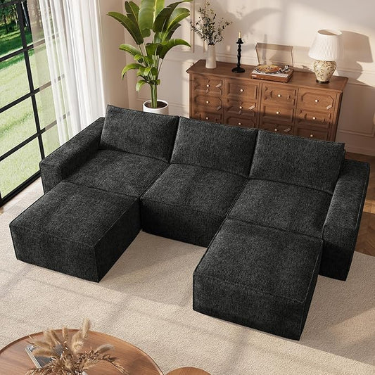 Vesgantti 114" Boneless Modular Sectional Sofa, Modern U Shaped 5 Seater Couch with 2 Ottoman & Deep Seat, Convertible Chenille Cloud Couches for Living Room, No Assembly Required, Black
