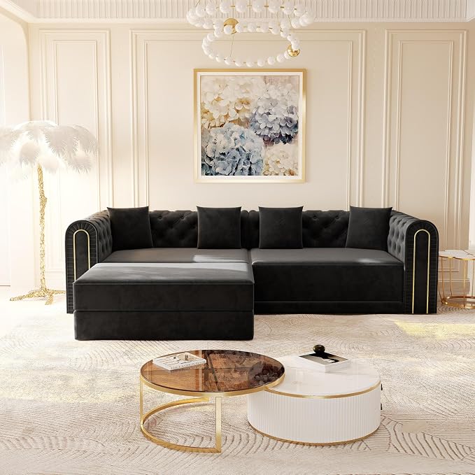 90.6'' Velvet Folding Floor Sofa Bed - 3-in-1 Convertible Sleeper Couch with Ottoman, Button Tufted Gold Edge Trim Chesterfield Sofa, Pull-Out King Size Couch Bed for Apartments, Living Room, Black | 3-in-1 Convertible