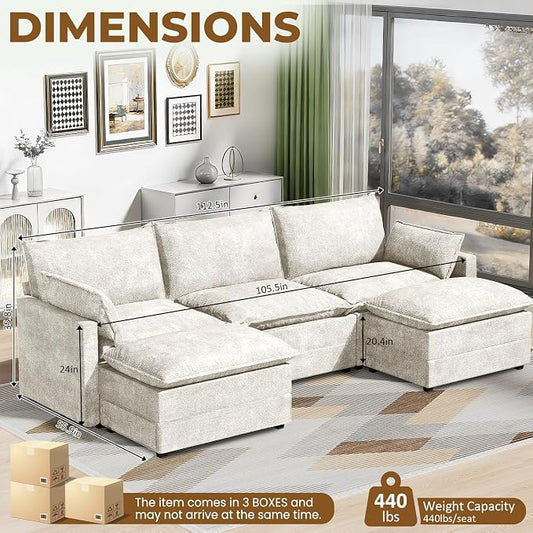 LEVELEVE 112.5" U-Shape Modular Sofa with 2 Ottomans, Deep Seat Cloud Convertible Sleeper, 2 Arm Pillows, Comfortable Upholstered Furniture for Living Room Apartment, Beige