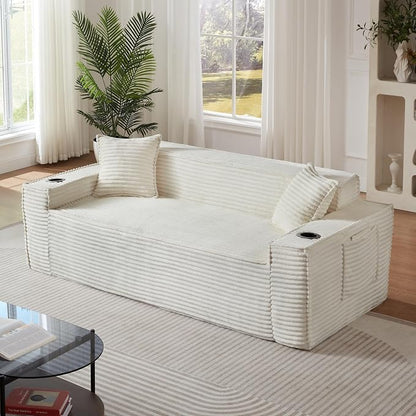 Boneless Sectional Sofa Couch with Cup Holders & Side Pockets, Modern Corduroy Fabric Deep Seat 3-seat Cloud Couch for Living Room Office, No Assembly (White)