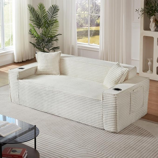 Boneless Sectional Sofa Couch with Cup Holders & Side Pockets, Modern Corduroy Fabric Deep Seat 3-seat Cloud Couch for Living Room Office, No Assembly (White)