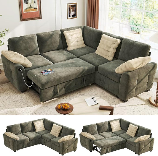 Ihanherry L-Shaped Sectional Sofa Bed with Storage, 5-Seater Convertible Pull Out Sleeper Sofa with USB Charging Ports, 4 Pillows & Wide Armrests, Chenille Fabric for Living Room, Apartment（Gray）
