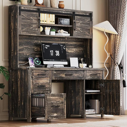 LUMISOL Farmhouse Executive Desk with Hutch and Charging Station, Computer Desk with 2 Sliding Barn Doors, 5 Drawers and Storage Cabinet with 3-Position Adjustable Shelf, Rustic Grey