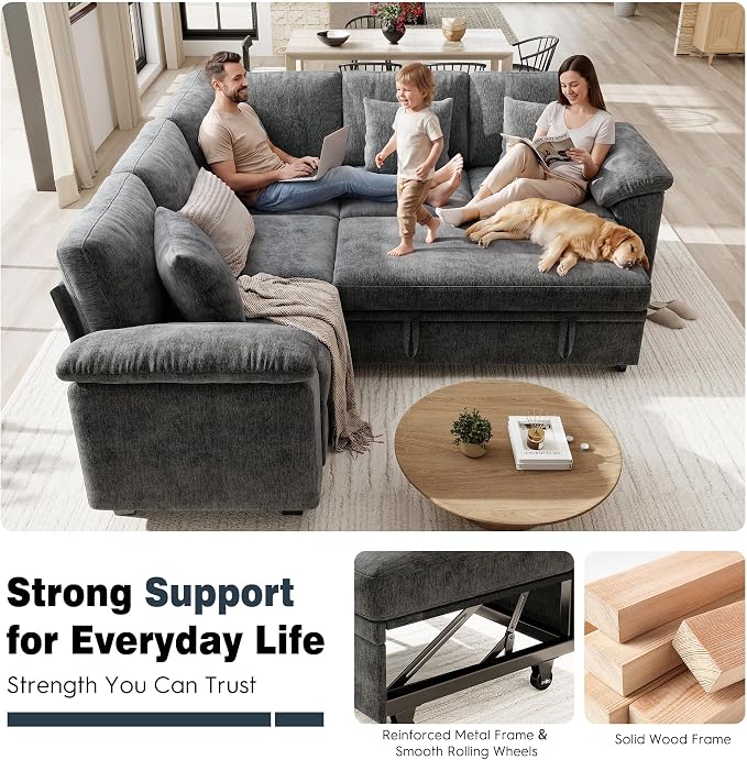 Ihanherry 86" Modular Sectional Sofa with Pull Out Bed, 5-Seater L Shaped Sectional Sleeper Couch with Storage, Chenille Convertible Couches for Living Room, Apartment (Grey)