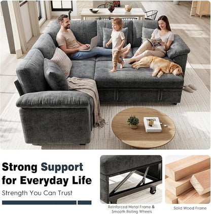 Ihanherry 86" Modular Sectional Sofa with Pull Out Bed, 5-Seater L Shaped Sectional Sleeper Couch with Storage, Chenille Convertible Couches for Living Room, Apartment (Grey)
