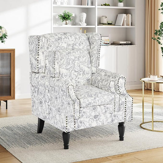 Pia Ricco High Back Floral Accent Chair - Retro Wingback Upholstered Armchair with Nailhead Trim, Solid Wood Legs, Fabric Living Room Bedroom Reading Chair (Rococo Light Gray)