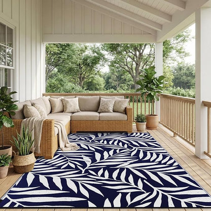 Smiry Outdoor Rug 6x9 ft, Waterproof Reversible Plastic Straw Rugs, Outdoor Area Rug with Leaf Pattern, Outside Floor Mat for Patio, Backyard, Deck, Picnic, Beach, Camping, Navy & White