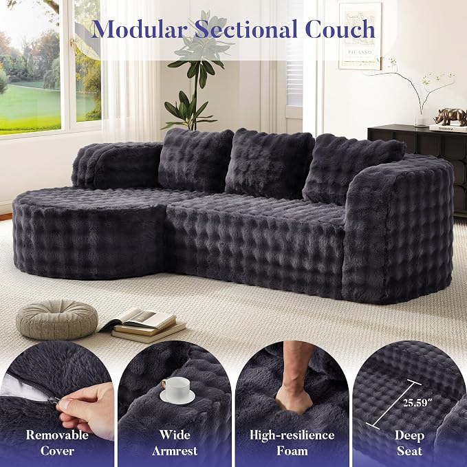 Hobestluk Modular Sectional Sofa Couches L-Shape Couch 3 Seat Modular Sofa Memory Foam Sectional Couches for Living Room, Cloud Couch (Round Ash Grey, 96", Right Hand Facing)