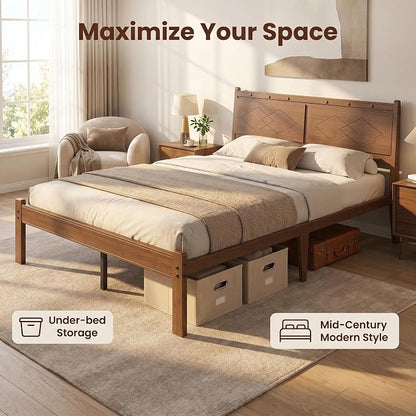 Askeld 14 inch Bamboo Queen Bed Frame with Headboard, Light Cottagecore Solid Wood Platform Bed No Box Spring Needed, Easy Assembly, Noise Free, Light Walnut Color