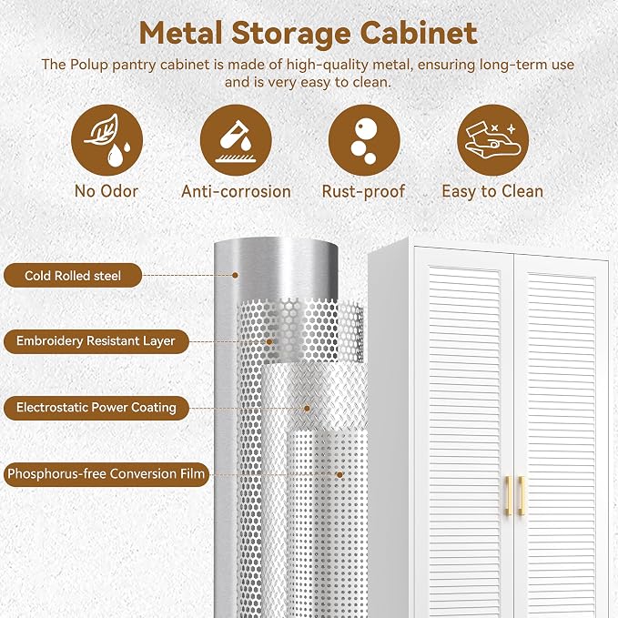 Polup 75" Kitchen Pantry Cabinet, White Metal Storage Cabinet with Doors and 5 Adjustable Shelves, Tall Metal Pantry Cabinets, Large Cupboard for Kitchen, Dining Living Room, Bathroom, Office